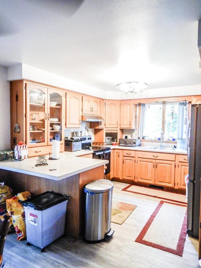441 Washington St, Oconto, WI 54153 - kitchen featuring sink, light brown cabinets, kitchen peninsula, appliances with stainless steel finishes, and light wood-type flooring