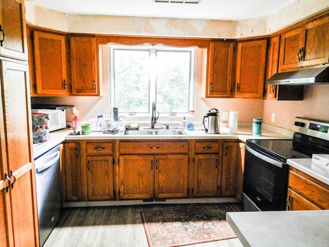 441 Washington St, Oconto, WI 54153 - kitchen featuring sink, appliances with stainless steel finishes, and dark wood-type flooring