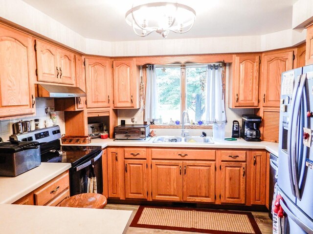 441 Washington St, Oconto, WI 54153 - kitchen featuring sink, a notable chandelier, and appliances with stainless steel finishes