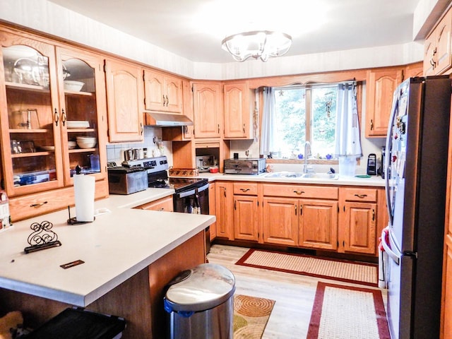 441 Washington St, Oconto, WI 54153 - kitchen with stainless steel appliances, extractor fan, sink, light hardwood / wood-style flooring, and an inviting chandelier