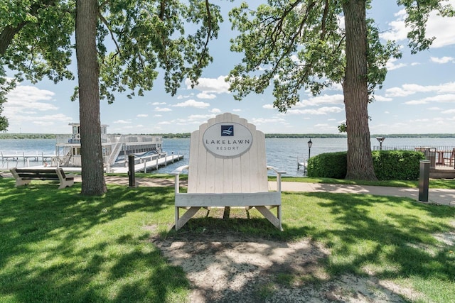 view of community featuring a yard and a water view