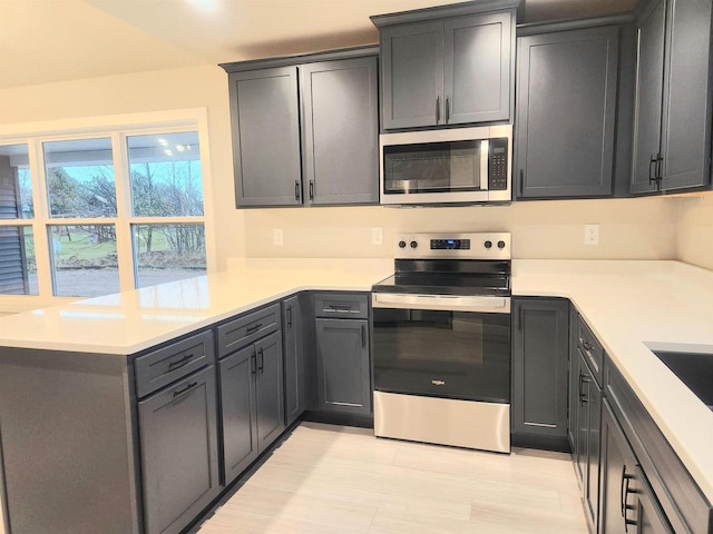 kitchen with kitchen peninsula and stainless steel appliances