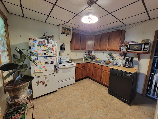 kitchen with sink, white electric range, dishwasher, fridge, and a drop ceiling