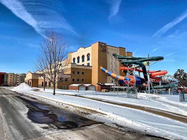 view of snow covered building