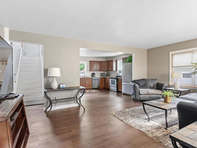 living room featuring dark hardwood / wood-style floors and sink