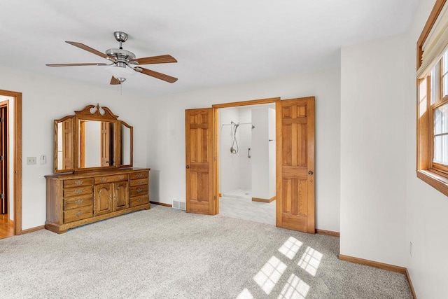 bedroom featuring ceiling fan and light colored carpet