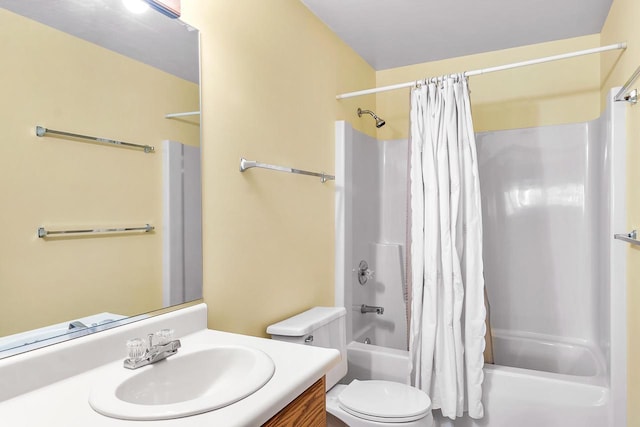 full bathroom with vanity, toilet, and shower / tub combo with curtain