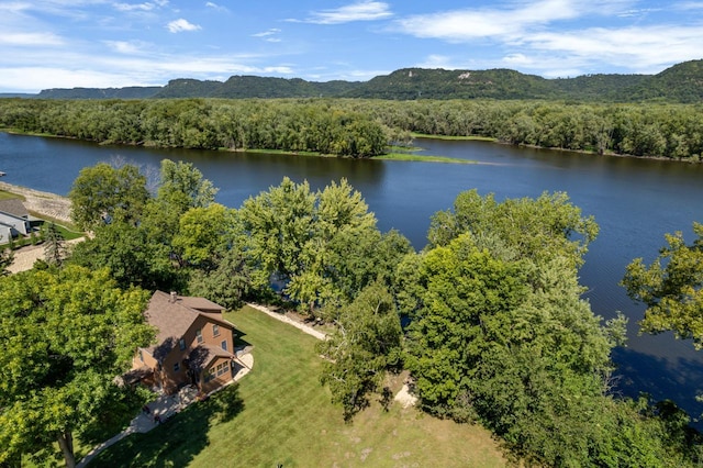 birds eye view of property featuring a forest view and a water and mountain view