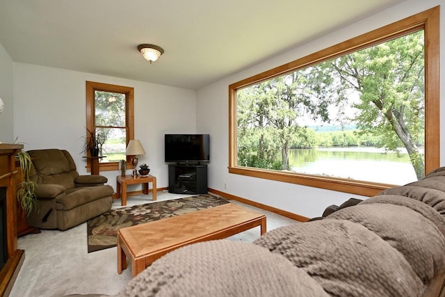 living area with carpet flooring and baseboards