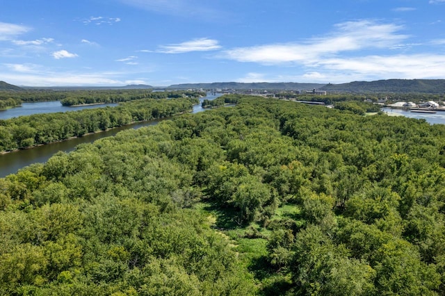 drone / aerial view with a forest view and a water view