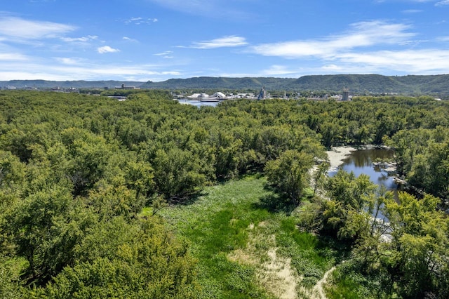 aerial view with a forest view and a water and mountain view