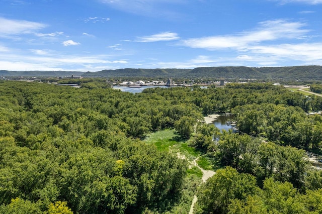 aerial view with a forest view and a water and mountain view