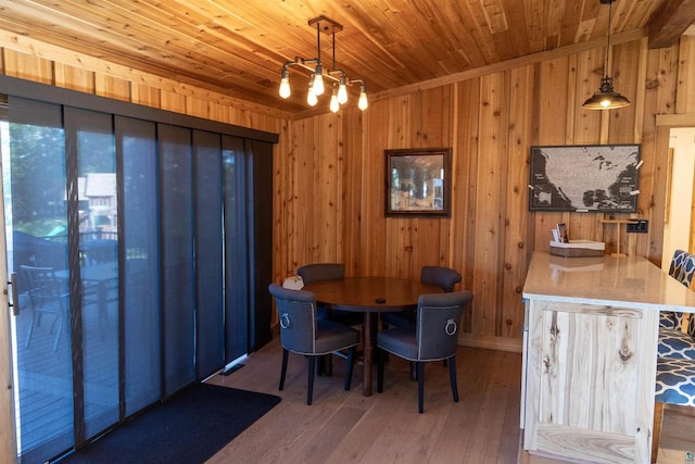 dining space with wooden ceiling and hardwood / wood-style flooring