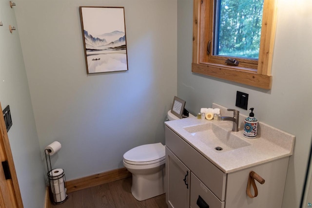 bathroom featuring toilet, vanity, and hardwood / wood-style flooring