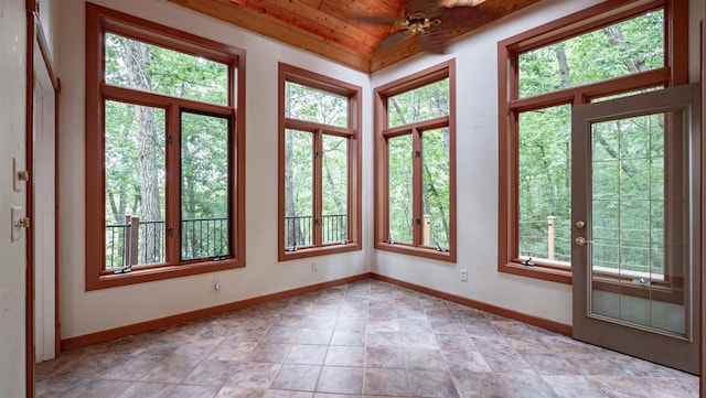 unfurnished sunroom with wood ceiling and lofted ceiling