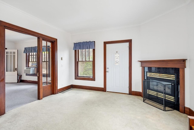 unfurnished living room with light colored carpet