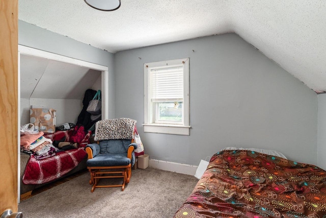 interior space featuring a textured ceiling, lofted ceiling, and carpet floors