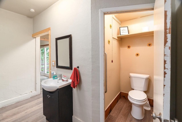 bathroom with toilet, vanity, and hardwood / wood-style flooring