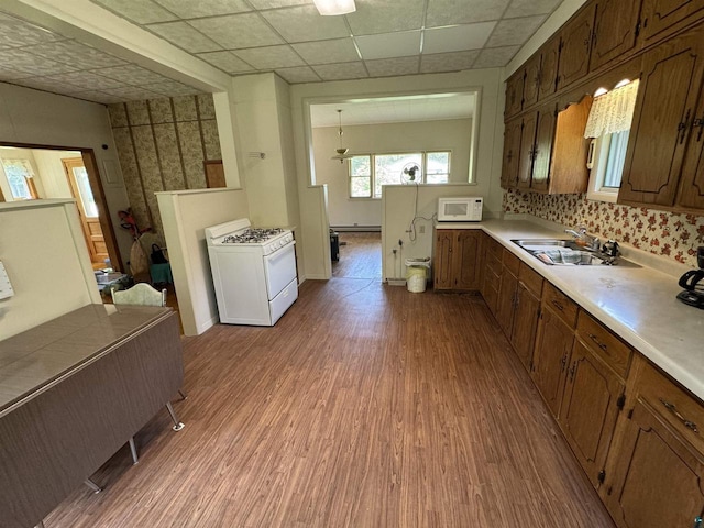 kitchen with hardwood / wood-style floors, a drop ceiling, white appliances, and sink