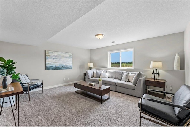 carpeted living room with a textured ceiling