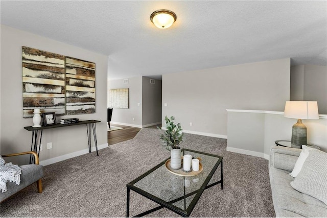 carpeted living room with a textured ceiling