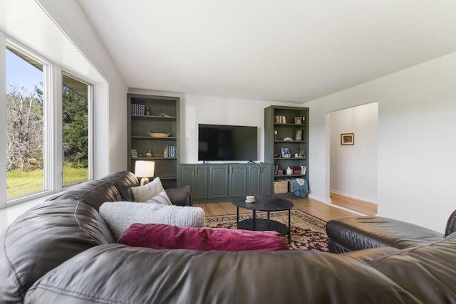 living room featuring a healthy amount of sunlight, built in features, and hardwood / wood-style flooring