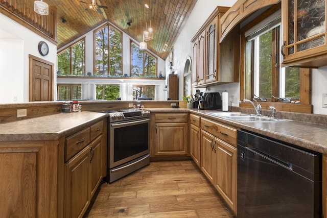 kitchen featuring stainless steel range, vaulted ceiling, sink, dishwasher, and plenty of natural light