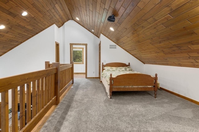 bedroom featuring carpet flooring, wooden ceiling, and vaulted ceiling