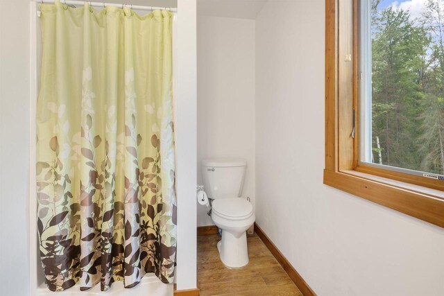 bathroom featuring a shower with curtain, hardwood / wood-style flooring, and toilet