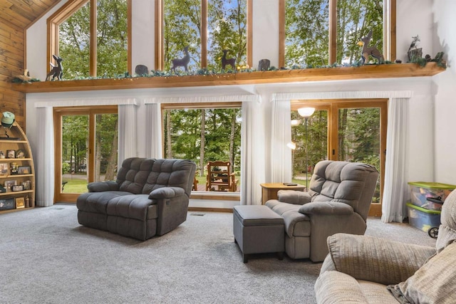 living room with carpet flooring and high vaulted ceiling