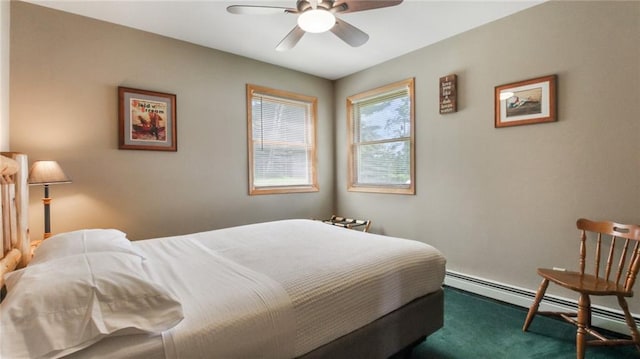 carpeted bedroom with ceiling fan and a baseboard radiator