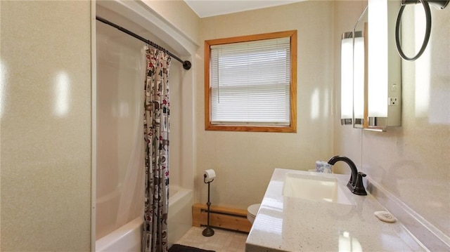 full bathroom featuring toilet, vanity, a baseboard radiator, and shower / tub combo with curtain