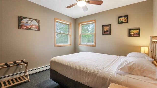 bedroom with ceiling fan, carpet floors, and a baseboard heating unit