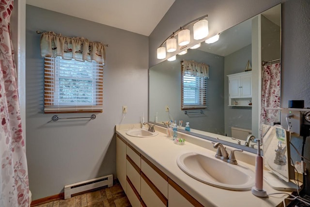 bathroom with baseboard heating, lofted ceiling, vanity, and toilet