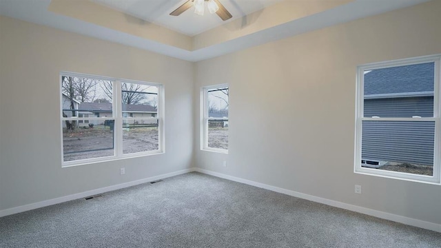 empty room featuring ceiling fan, carpet flooring, and a tray ceiling