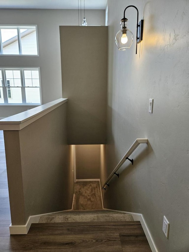 stairs featuring hardwood / wood-style floors