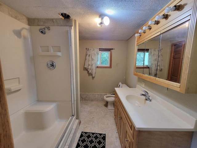 bathroom with a textured ceiling, vanity, a bidet, toilet, and a shower with shower door