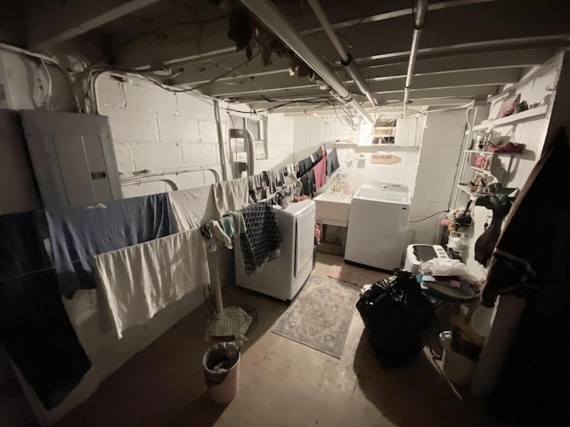 basement with washing machine and dryer and electric panel