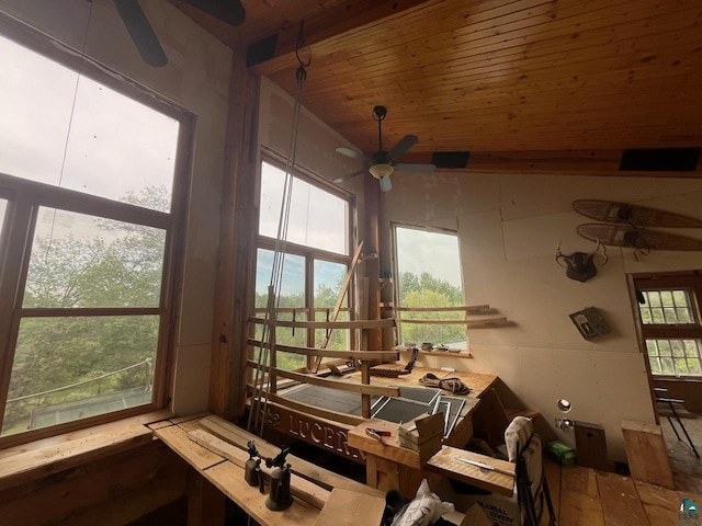 misc room featuring wooden ceiling and ceiling fan