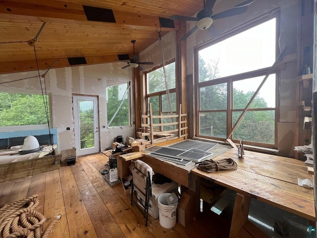 misc room with lofted ceiling, hardwood / wood-style floors, and wooden ceiling