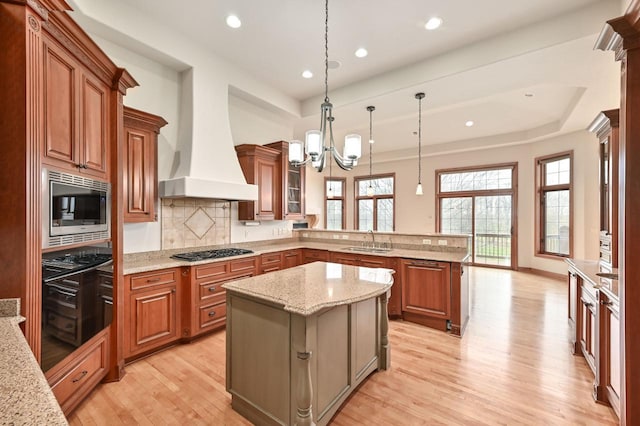 kitchen with sink, custom range hood, appliances with stainless steel finishes, a kitchen island, and kitchen peninsula