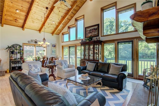 living room with a healthy amount of sunlight, wooden ceiling, high vaulted ceiling, light wood-type flooring, and beam ceiling