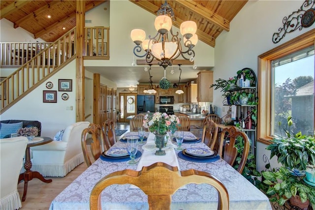 dining room with beam ceiling, wooden ceiling, an inviting chandelier, high vaulted ceiling, and light wood-type flooring