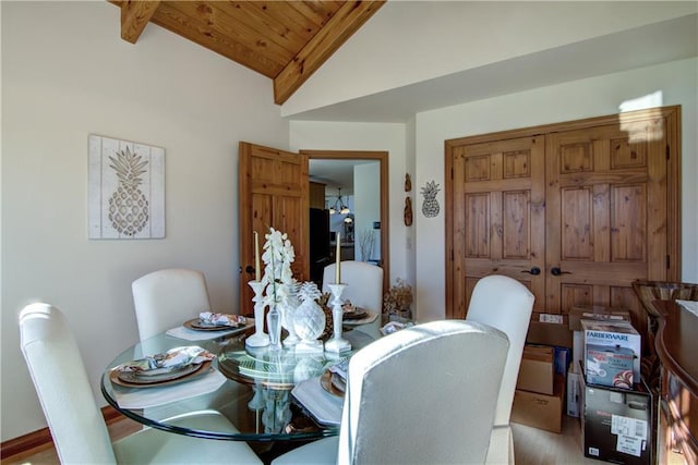 dining room with vaulted ceiling with beams and wood ceiling