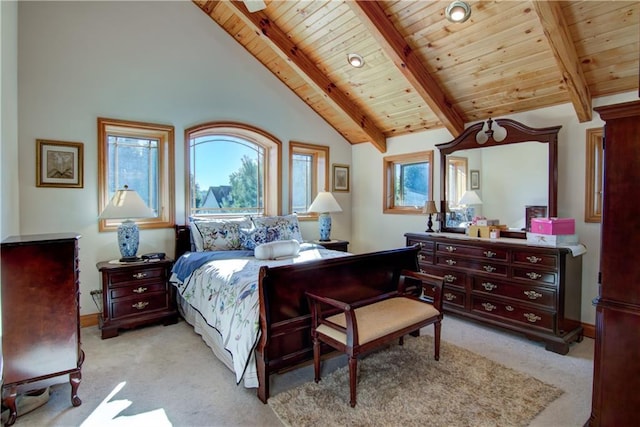 carpeted bedroom featuring beamed ceiling, high vaulted ceiling, and wood ceiling