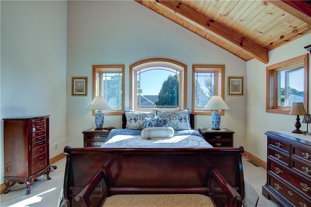 carpeted bedroom featuring vaulted ceiling with beams, wood ceiling, and multiple windows