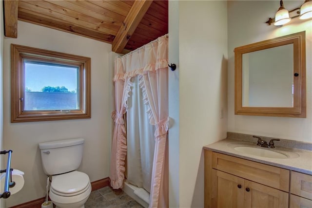 bathroom featuring vanity, a shower with curtain, vaulted ceiling with beams, toilet, and wood ceiling