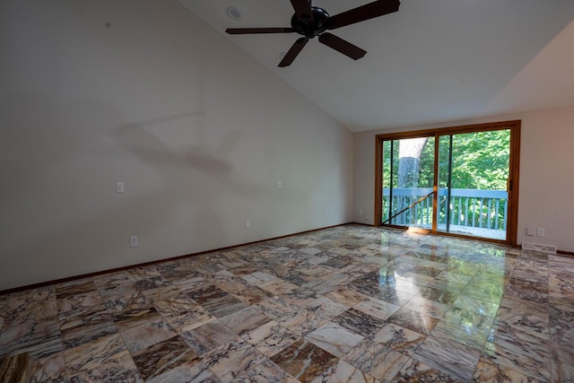 unfurnished room featuring high vaulted ceiling and ceiling fan