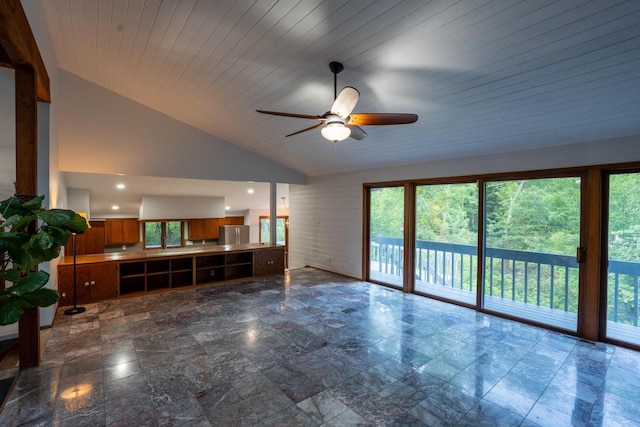 living room with ceiling fan, high vaulted ceiling, and wooden ceiling