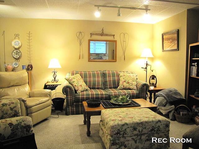 carpeted living room with track lighting